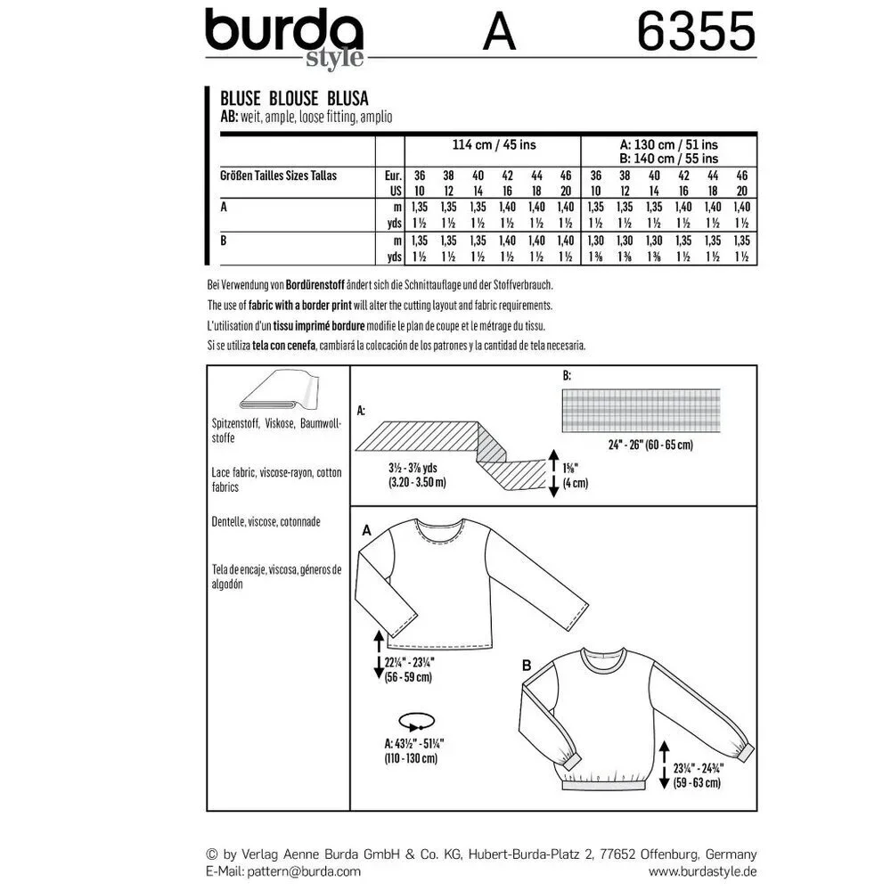 Burda Sewing Pattern‎ 6355 Blouse Shirt Misses Size 10-20